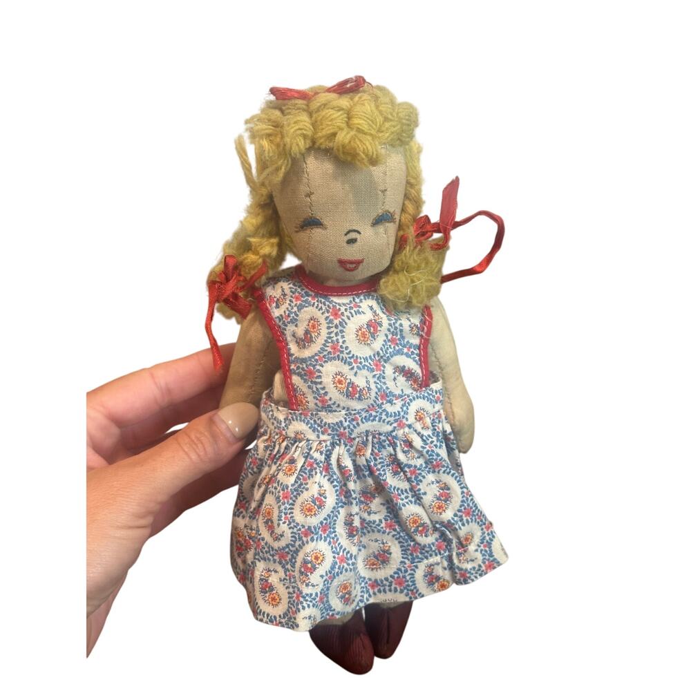 Vintage 1950-60's Handmade 9" Cloth Doll W/ Yarn Hair & Dress